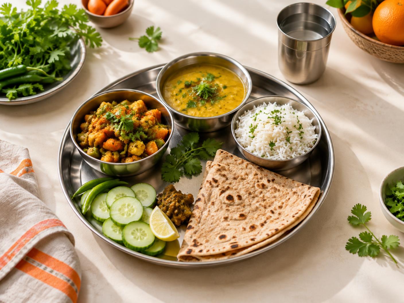 Balanced Indian thali with vegetables, rice, dal and roti
