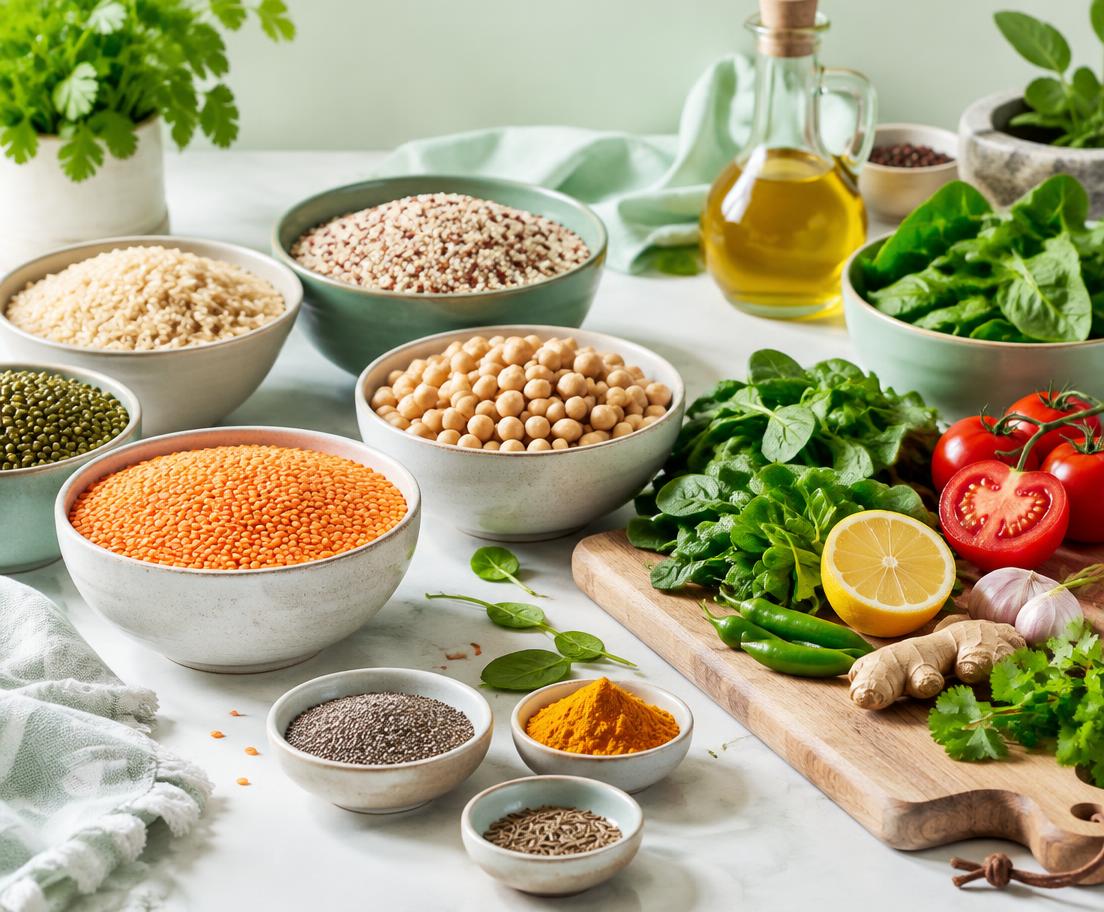 Lentils, chickpeas, grains and fresh vegetables ready for everyday cooking